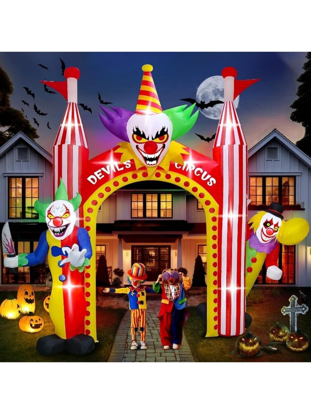🎃12 FT Halloween Inflatables Clown Archway Build-in Lights Outdoor Decorations